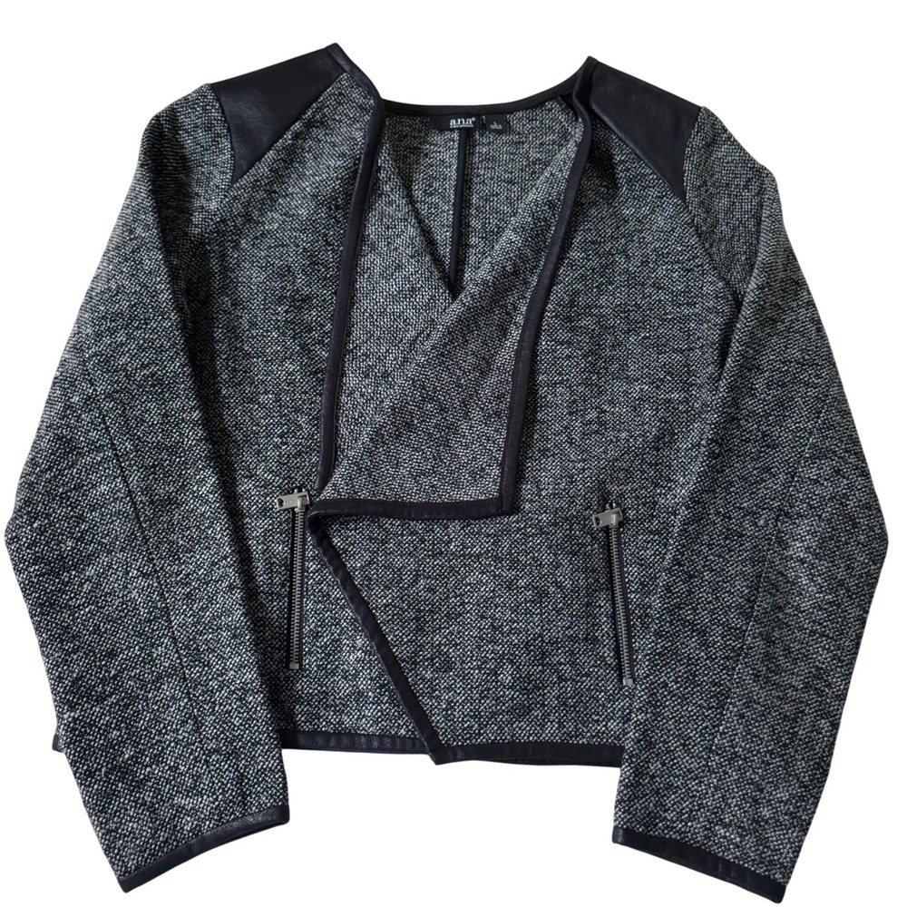 ana Women Black Tweed Faux Leather Trim Open Jacket Size L